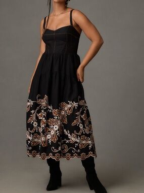 By Anthropologie Embroidered Corset Midi Dress | Black Appliqué | 2X